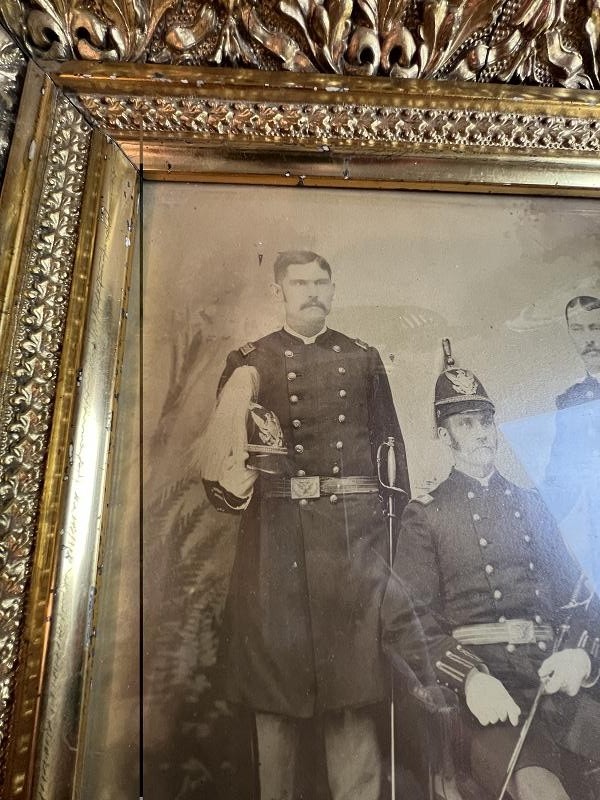 RARE IMAGE THREE US INDIAN WAR OFFICERS WEARING M1881 PITH HELMETS LARGE ALBUMEN PHOTOGRAPH FRAMED