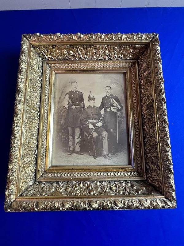 RARE IMAGE THREE US INDIAN WAR OFFICERS WEARING M1881 PITH HELMETS LARGE ALBUMEN PHOTOGRAPH FRAMED