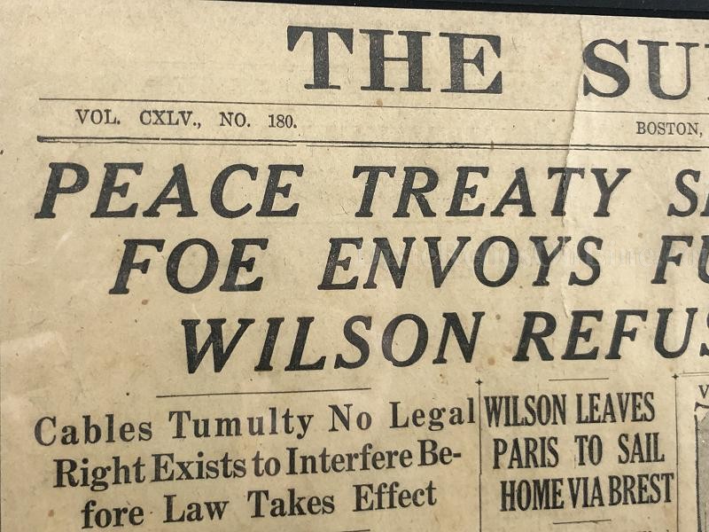 SUNDAY HERALD PEACE TREATY SIGNED AT VERSAILLES NEWSPAPER JUNE 29, 1919 FRAMED