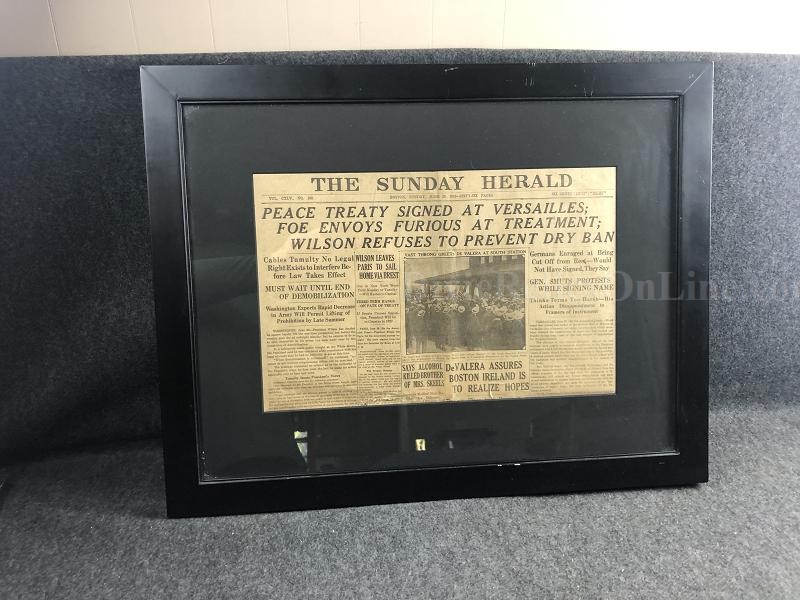 SUNDAY HERALD PEACE TREATY SIGNED AT VERSAILLES NEWSPAPER JUNE 29, 1919 FRAMED