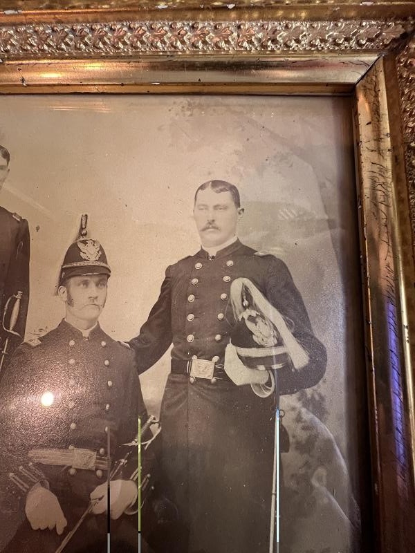 RARE IMAGE THREE US INDIAN WAR OFFICERS WEARING M1881 PITH HELMETS LARGE ALBUMEN PHOTOGRAPH FRAMED