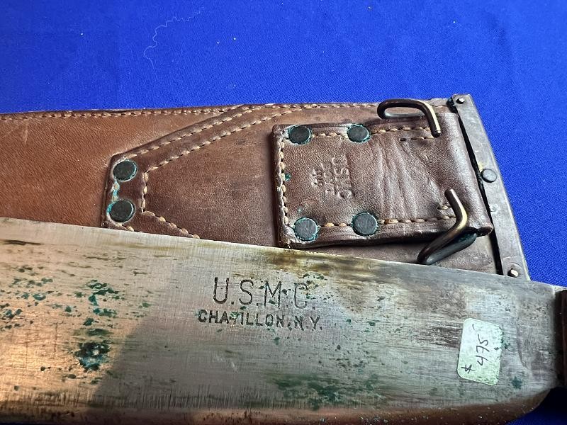 EXCELLENT WW2 USMC MEDIAL CORPS BOLO KNIFE + SCABBARD DATED 1944
