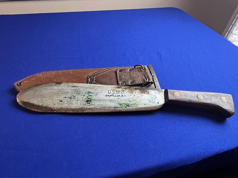 EXCELLENT WW2 USMC MEDIAL CORPS BOLO KNIFE + SCABBARD DATED 1944