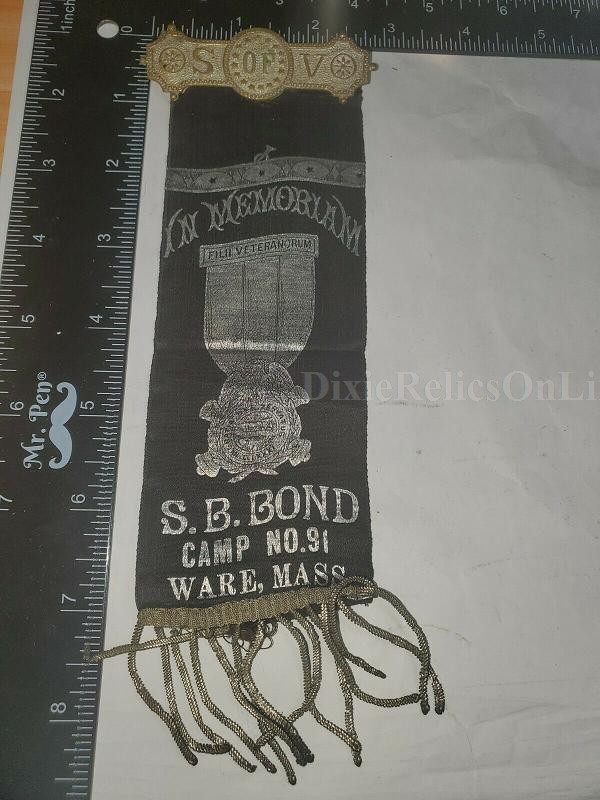 SONS OF VETERANS RIBBON IN MEMORIAM S.B. BOND CAMP NO.91 WARE MASS