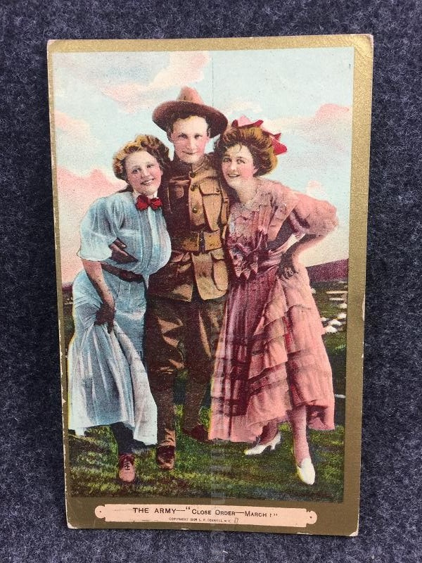Postcard The Army~"Close Order--March!"~Soldier and Young Women