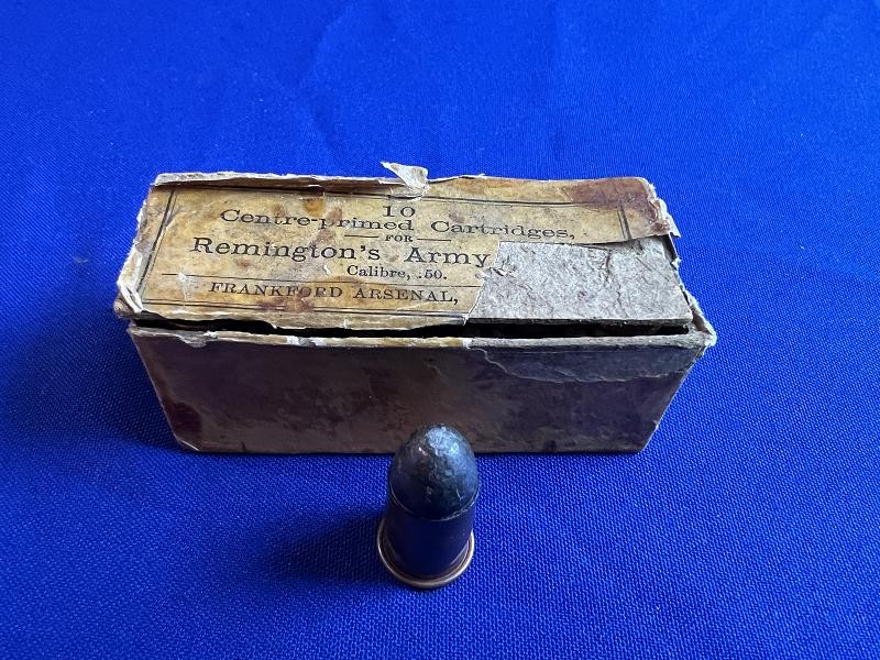 VERY RARE COMPLETE ORIGINAL BOX PACKET OF TEN .50 CALIBER CARTRIDGES BY FRANKFORD ARSENAL