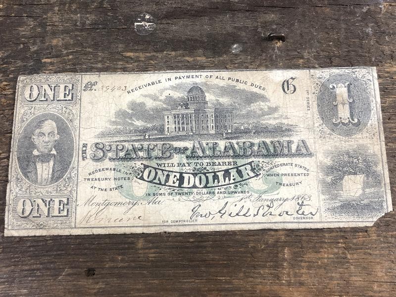 Montgomery 1863 $1 Dollar Bill Note State of Alabama Obsolete Currency Paper Money