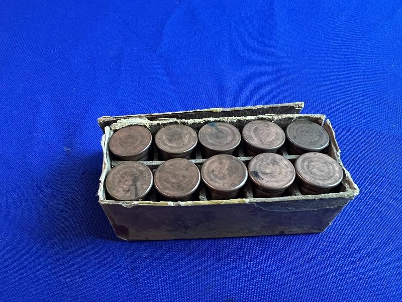 VERY RARE COMPLETE ORIGINAL BOX PACKET OF TEN .50 CALIBER CARTRIDGES BY FRANKFORD ARSENAL