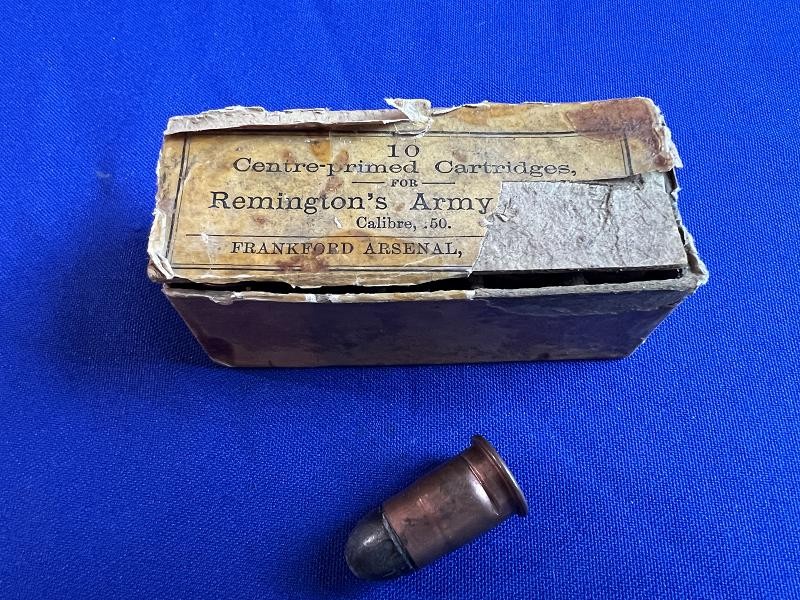 VERY RARE COMPLETE ORIGINAL BOX PACKET OF TEN .50 CALIBER CARTRIDGES BY FRANKFORD ARSENAL
