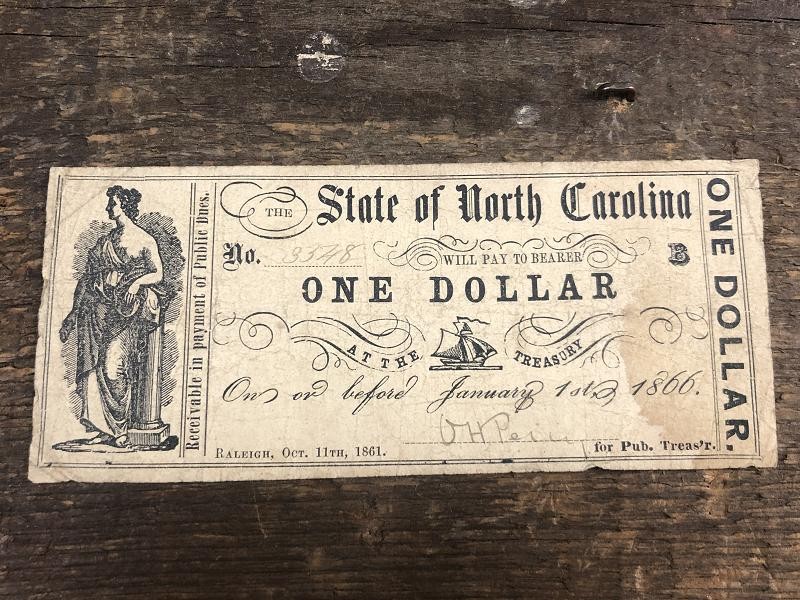 1866 $1 ONE DOLLAR THE STATE OF NORTH CAROLINA RALEIGH, NC OBSOLETE CURRENCY