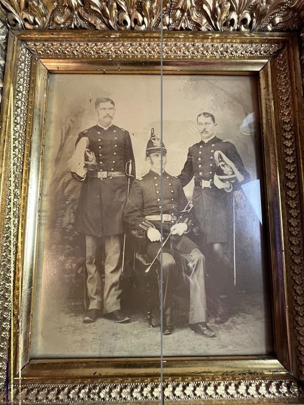 RARE IMAGE THREE US INDIAN WAR OFFICERS WEARING M1881 PITH HELMETS LARGE ALBUMEN PHOTOGRAPH FRAMED