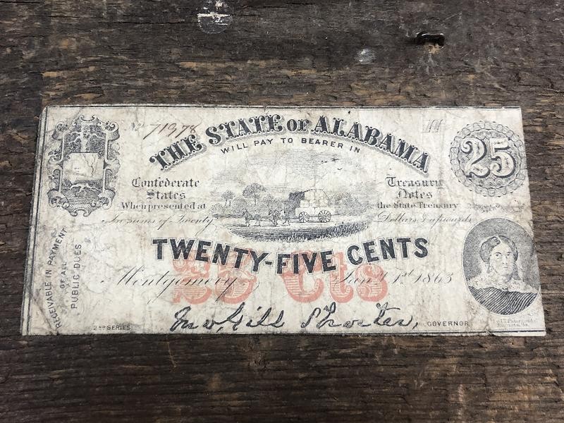 MONTGOMERY 1863 25 CENT DOLLAR BILL NOTE STATE OF ALABAMA OBSOLETE CURRENCY PAPER MONEY