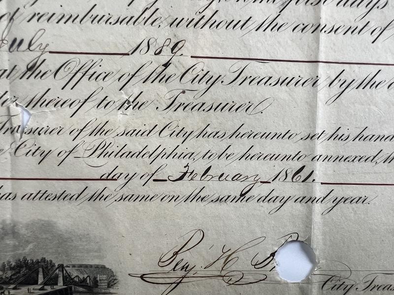 1861 City of Philadelphia Bond Certificate