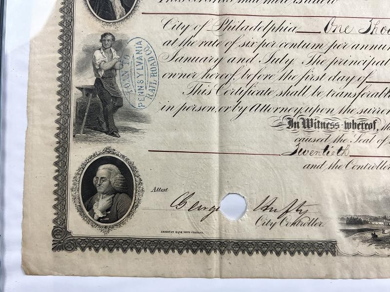 1861 City of Philadelphia Bond Certificate