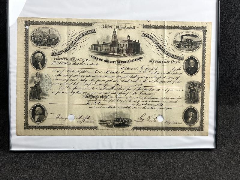 1861 City of Philadelphia Bond Certificate