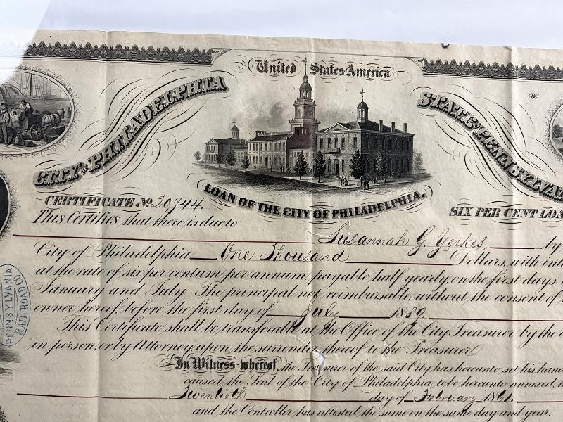 1861 City of Philadelphia Bond Certificate