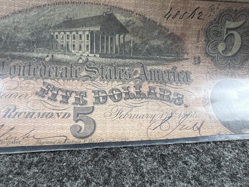 1864 Confederate States of America $5 Five Dollar Note - Richmond, Va