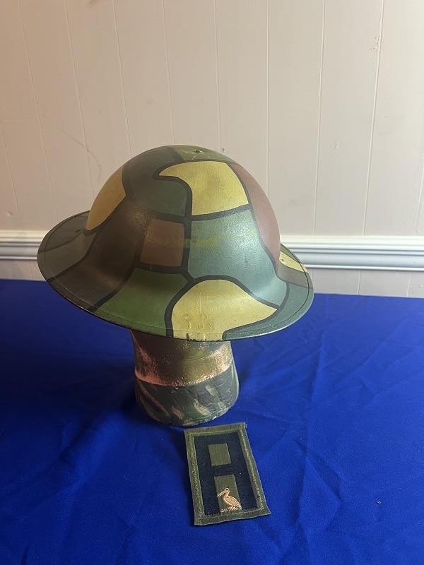 US WWI WORLD WAR ONE MODEL 1917 CAMO HELMET PAINTED COASTAL ARTILLERY PELICAN INSIGNIA AND PATCH