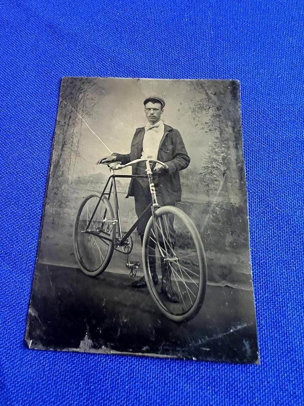 AWESOME 6th PLATE TINTYPE IMAGE PHOTO OF A MAN WITH A LARGE WHEEL BICYCLE