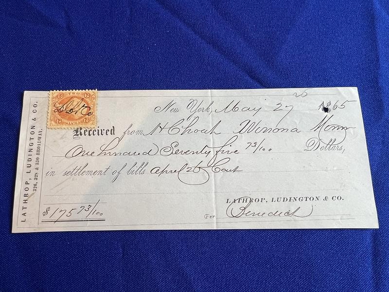 LATHROP LUDINGTON CO. NY DATED MAY 27, 1865 RECEIPT WITH WASHINGTON 2 CENT STAMP