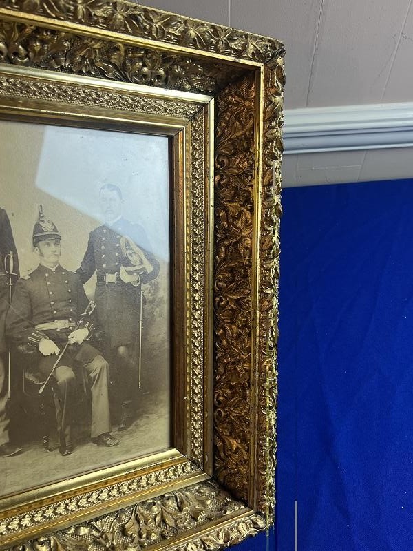 RARE IMAGE THREE US INDIAN WAR OFFICERS WEARING M1881 PITH HELMETS LARGE ALBUMEN PHOTOGRAPH FRAMED