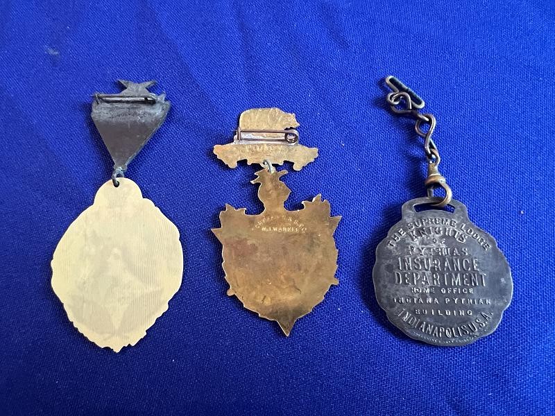 THREE KNIGHTS OF PYTHIAS FRATERNAL BADGES AND WATCH FOB COLLECTION