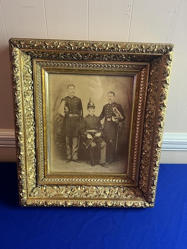 RARE IMAGE THREE US INDIAN WAR OFFICERS WEARING M1881 PITH HELMETS LARGE ALBUMEN PHOTOGRAPH FRAMED