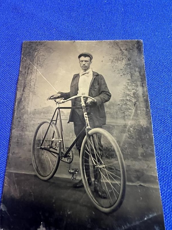 AWESOME 6th PLATE TINTYPE IMAGE PHOTO OF A MAN WITH A LARGE WHEEL BICYCLE