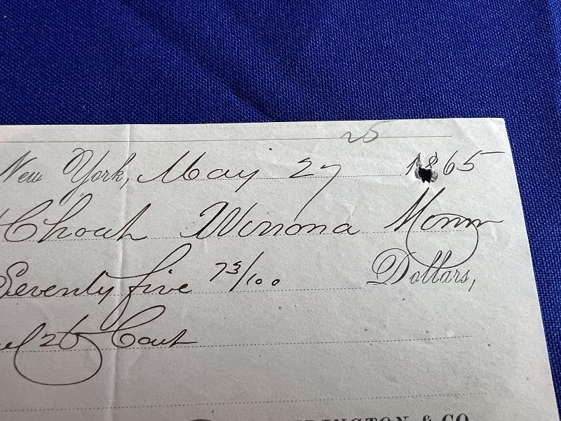 LATHROP LUDINGTON CO. NY DATED MAY 27, 1865 RECEIPT WITH WASHINGTON 2 CENT STAMP