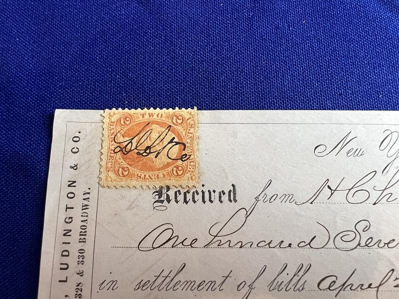 LATHROP LUDINGTON CO. NY DATED MAY 27, 1865 RECEIPT WITH WASHINGTON 2 CENT STAMP