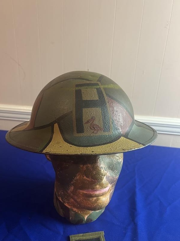 US WWI WORLD WAR ONE MODEL 1917 CAMO HELMET PAINTED COASTAL ARTILLERY PELICAN INSIGNIA AND PATCH