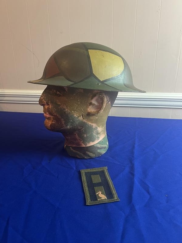 US WWI WORLD WAR ONE MODEL 1917 CAMO HELMET PAINTED COASTAL ARTILLERY PELICAN INSIGNIA AND PATCH