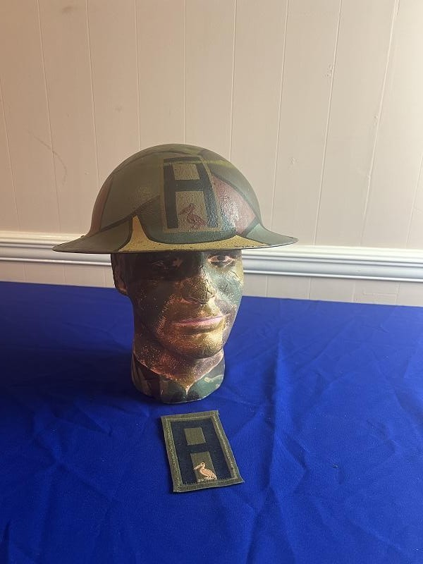 US WWI WORLD WAR ONE MODEL 1917 CAMO HELMET PAINTED COASTAL ARTILLERY PELICAN INSIGNIA AND PATCH