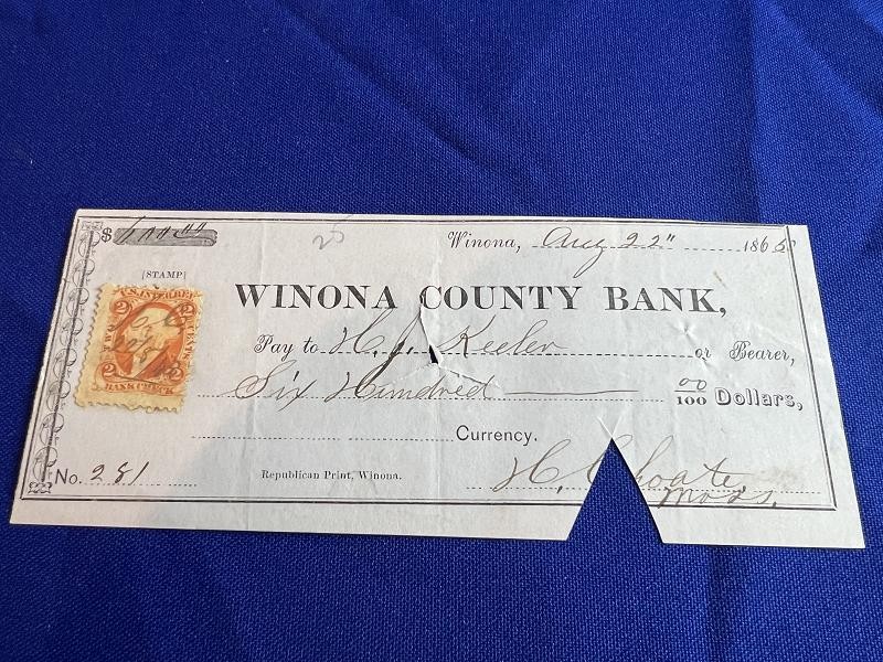 WINONA COUNTY BANK DATED AUGUST 22, 1865 CHECK WITH WASHINGTON 2 CENT STAMP