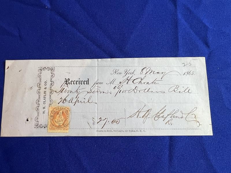 H.B. CLAFLIN CO. NY DATED MAY 8, 1865 CHECK WITH WASHINGTON 2 CENT STAMP