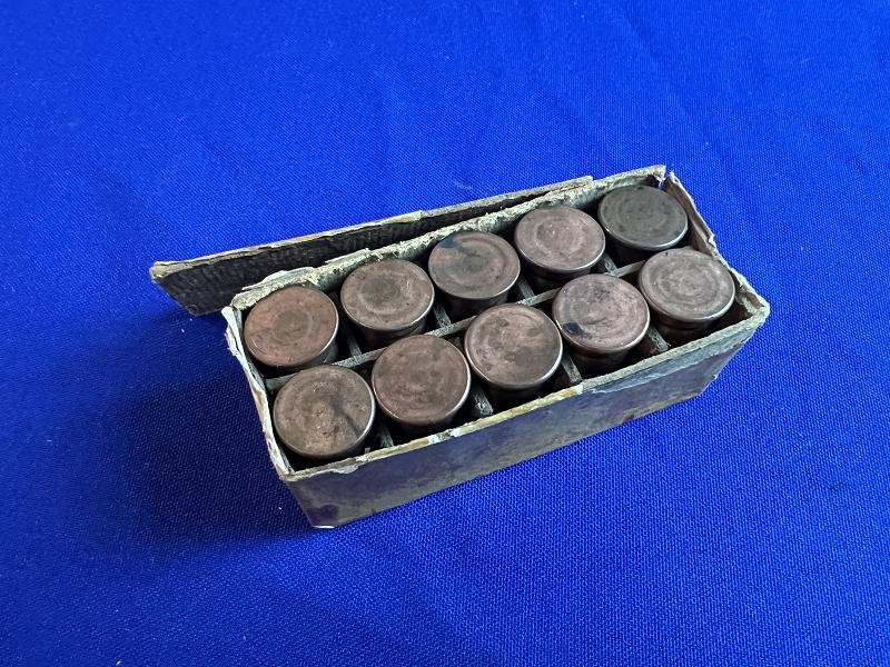 VERY RARE COMPLETE ORIGINAL BOX PACKET OF TEN .50 CALIBER CARTRIDGES BY FRANKFORD ARSENAL