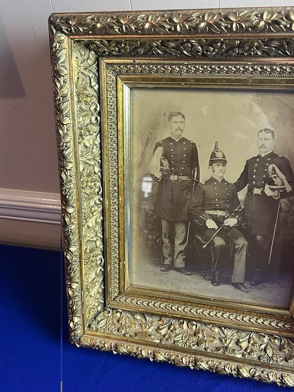 RARE IMAGE THREE US INDIAN WAR OFFICERS WEARING M1881 PITH HELMETS LARGE ALBUMEN PHOTOGRAPH FRAMED