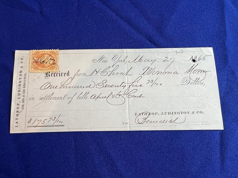 LATHROP LUDINGTON CO. NY DATED MAY 27, 1865 RECEIPT WITH WASHINGTON 2 CENT STAMP