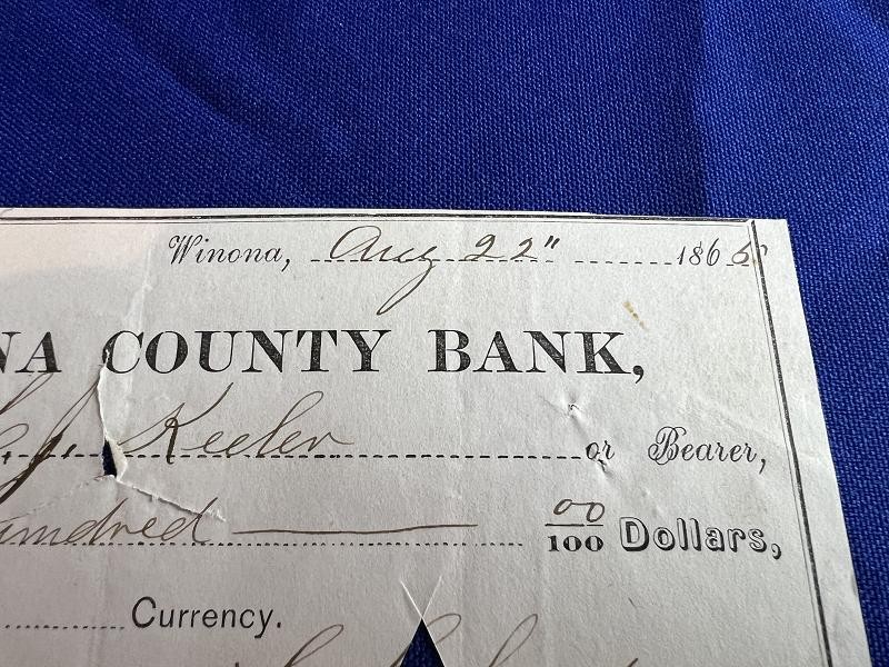 WINONA COUNTY BANK DATED AUGUST 22, 1865 CHECK WITH WASHINGTON 2 CENT STAMP