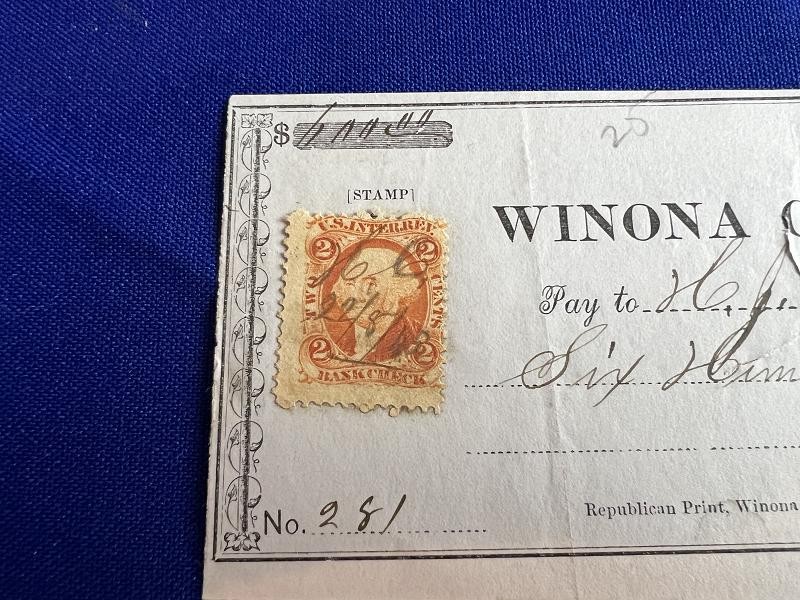 WINONA COUNTY BANK DATED AUGUST 22, 1865 CHECK WITH WASHINGTON 2 CENT STAMP