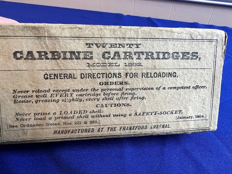 Sealed Box of Twenty .45-70 Carbine Cartridges manufactured at the Frankford Arsenal April of 1882