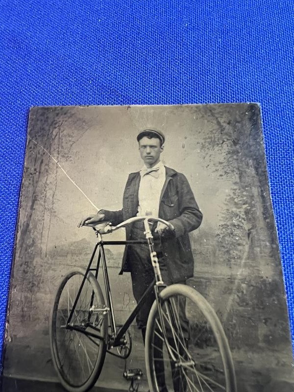 AWESOME 6th PLATE TINTYPE IMAGE PHOTO OF A MAN WITH A LARGE WHEEL BICYCLE