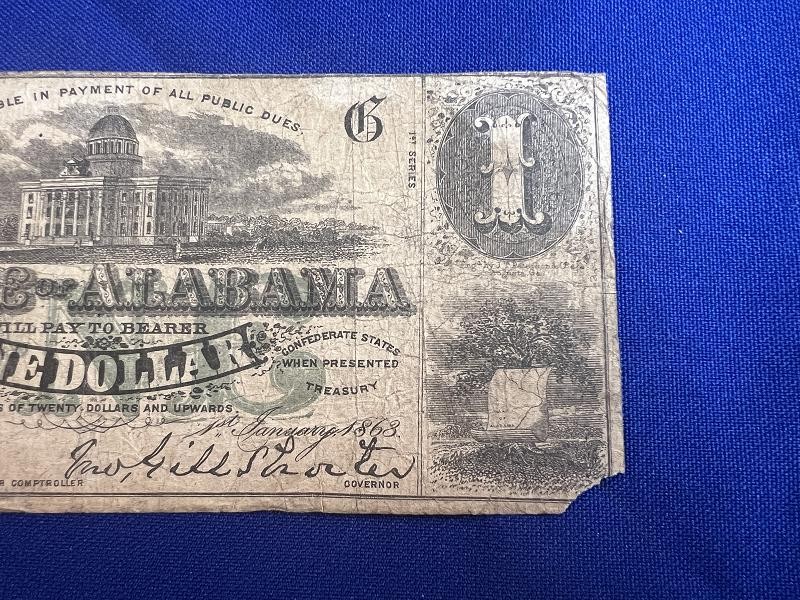 Montgomery 1863 $1 Dollar Bill Note State of Alabama Obsolete Currency Paper Money