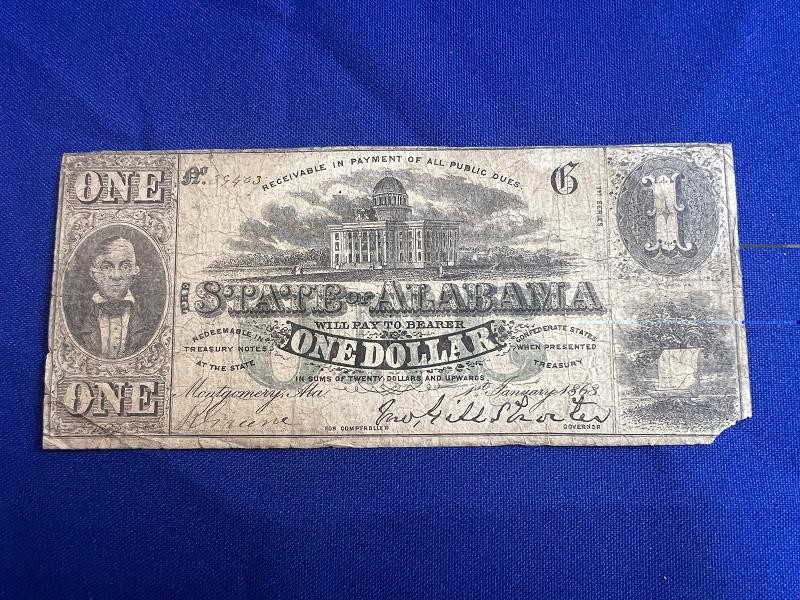 Montgomery 1863 $1 Dollar Bill Note State of Alabama Obsolete Currency Paper Money