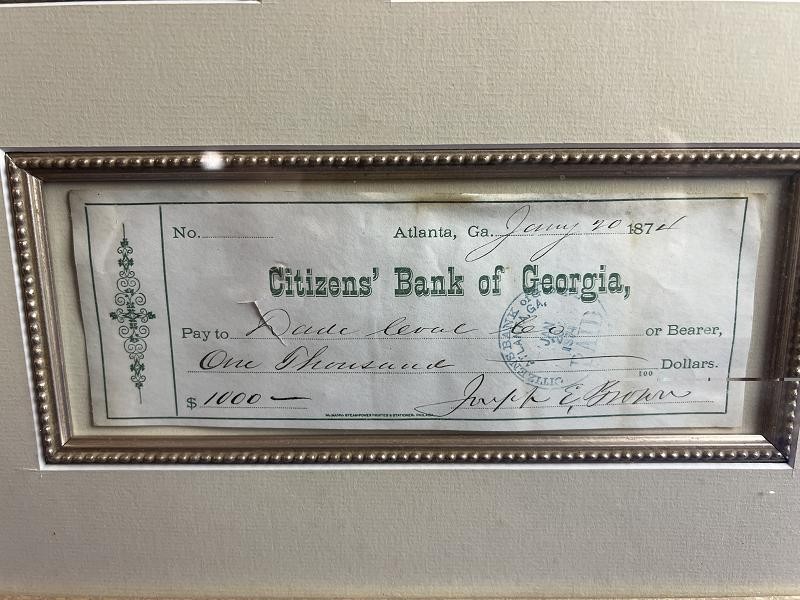 Framed Joseph E Brown Signed Check Georgia Governor During the Civil War