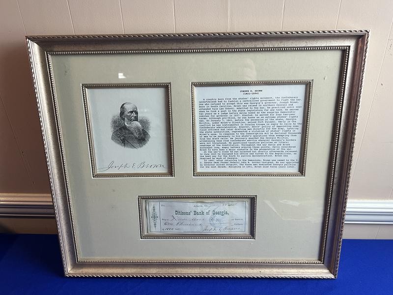 Framed Joseph E Brown Signed Check Georgia Governor During the Civil War