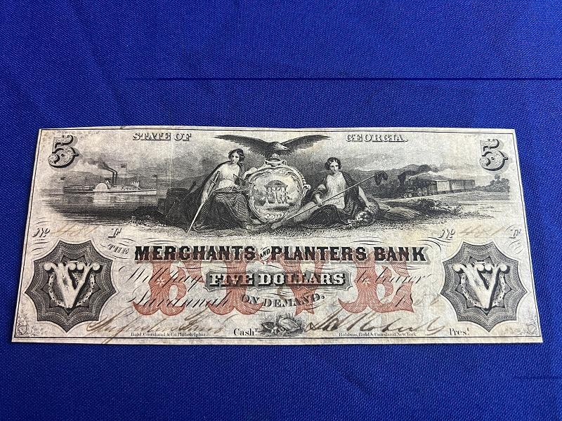1856 $5 Dollar Merchants and Planters Bank Note Savannah, GEORGIA Currency