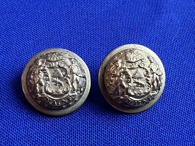 TWO MAINE STAFF OFFICER 7/8 DOMED BRASS UNIFORM COAT BUTTONS SCOVILL BM 23MM