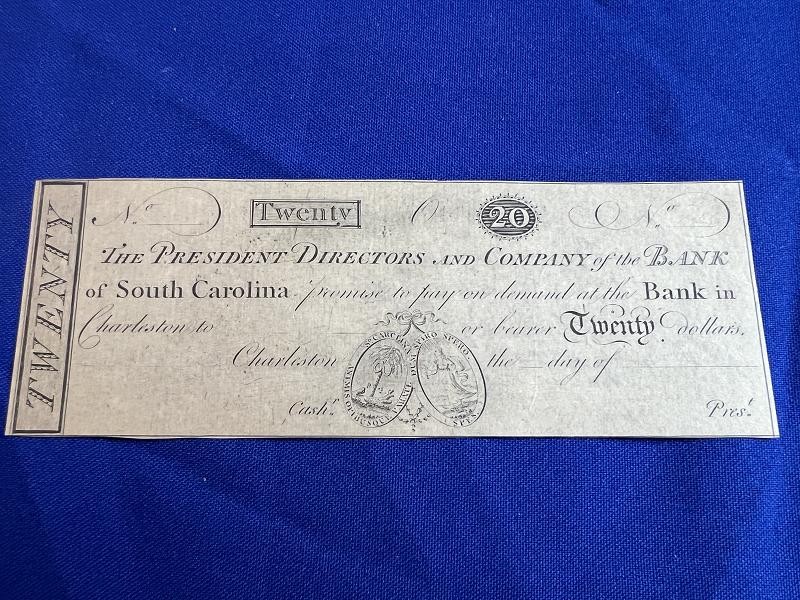 Bank of South Carolina $20 Twenty Dollar Note Charleston Sc.