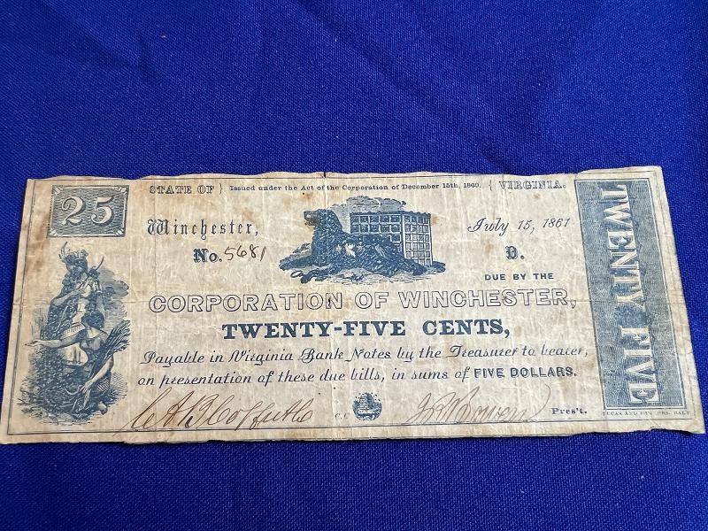 1861 CORPORATION OF WINCHESTER VA 25 CENT NOTE